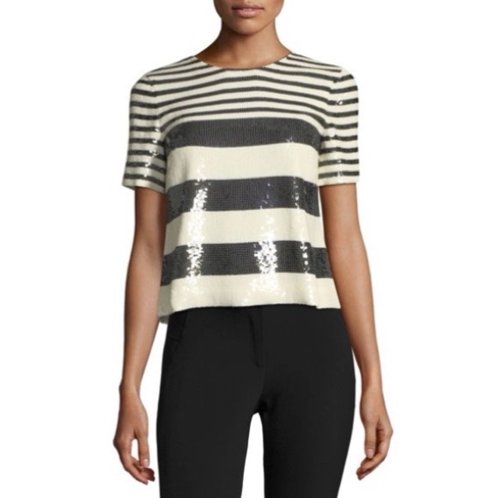 Veronica Beard Black Striped Sequin Boxy Crewneck Tee